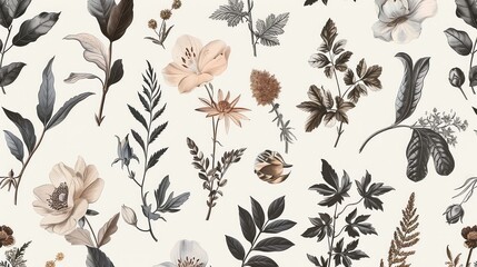Seamless pattern background featuring a collection of vintage botanical illustrations with flowers and leaves in muted colors.