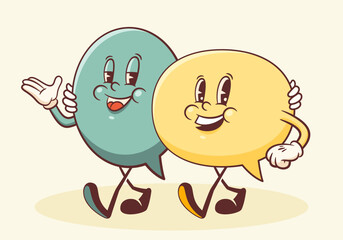 Vector Talk Language Learning Walking Characters Illustration. Groovy Cartoon Speech Bubbles Conversation Chat Message Personage Isolated