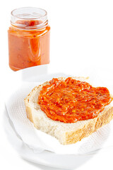 A slice of bread spread with lutenitsa.