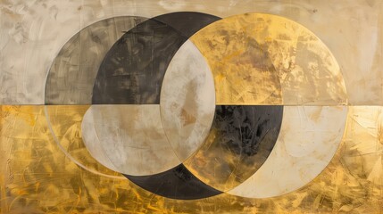 oil painting in the style of  geometric and circular shapes, abstract, gold, and neutral colors, stylish, minimalist