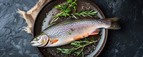 Obraz premium A fish is on a plate with herbs and spices. The fish is cut in half and is surrounded by parsley and pepper. Free copy space for text.