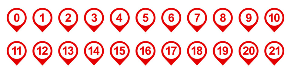 Location pin icon with number set, pin map marker pointer set icons