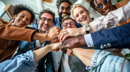 A diverse group of professionals in a modern office celebrates their achievements with a stack of hands, showing unity and teamwork