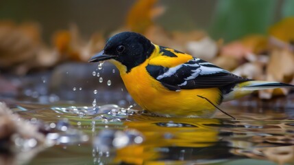 Fototapeta premium A vibrant black and yellow bird splashes water among autumn leaves.