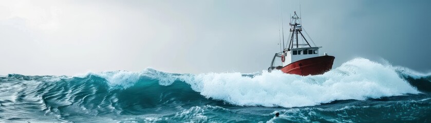 Naklejka premium Fishing boat battling strong waves in the ocean, capturing the essence of marine adventure and maritime resilience.
