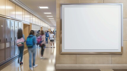 A blank poster mockup on a school hallway bulletin board, with lockers and students moving in the background