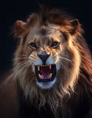 Naklejka premium aggressive close up of a lion, male lion growling and showing teeth