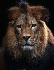 portrait of a lion, aggressive look on mature male lion, dark drama light