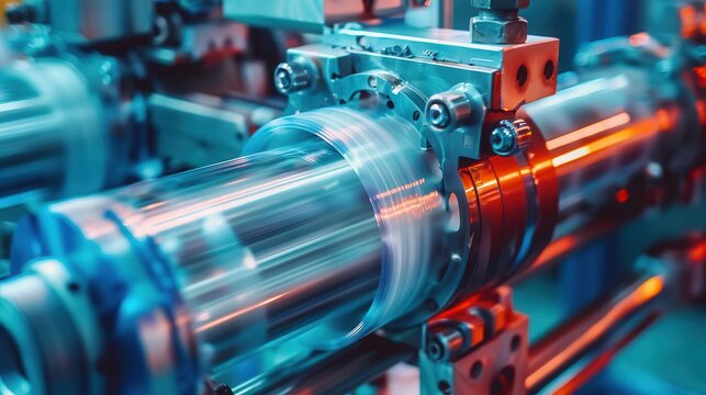 Close-up of a plastic extrusion machine in operation, manufacturing process, industrial machinery