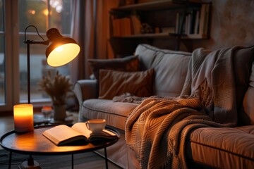 Cozy Living Room with Warm Lighting and Comforting Blanket - Perfect for Relaxation and Reading