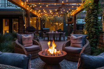 Cozy Outdoor Patio with Fire Pit and String Lights for Relaxing Evenings