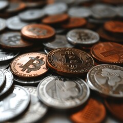 Bitcoin on white background, ground view