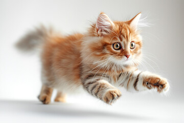Red Maine Coon cat jumping on a light background