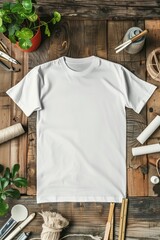 A blank t-shirt mockup laid flat on a rustic wooden table, surrounded by crafting materials and a potted plant.