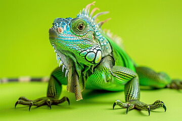 Fototapeta premium Looking into the camera Iguana on plain studio green background. Animal wildlife world diversity concept