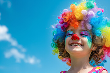 Happy child with a rainbow curly wig and colorful face paint, smiling under a clear blue sky. The image radiates joy, playfulness, and the essence of childhood fun.