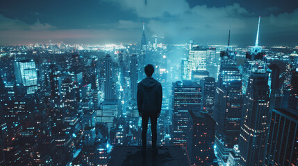 Realistic photo of a model standing on top of a skyscraper, taken professionally for cover art