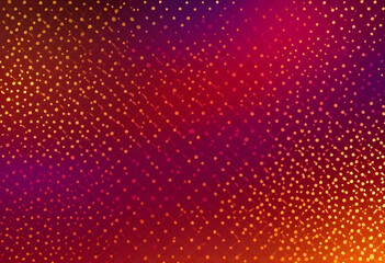 A vibrant abstract background with a gradient from purple to orange, featuring a pattern of small golden dots scattered across the image.