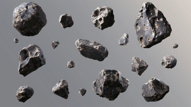 A collection of asteroids of various sizes float against a pale gray backdrop, creating a mesmerizing visual of cosmic debris in motion