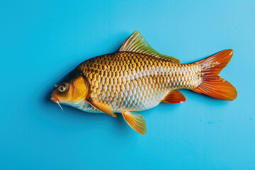Fototapeta premium Carp fish on plain studio blue background. Concept of industrial production fishing. 