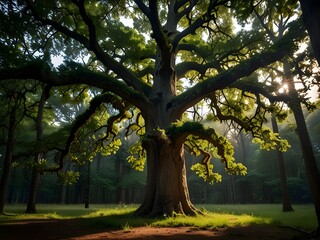 Naklejka premium A large oak tree that grows in the forest
