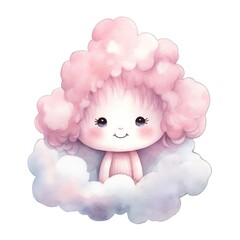 Cute baby Pink Cloud watercolor illustration