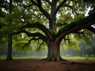 A large oak tree that grows in the forest