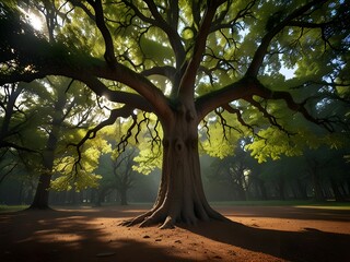 A large oak tree that grows in the forest
