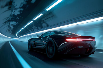 Fototapeta premium A sleek black sports car speeding through a futuristic tunnel with blue lighting.