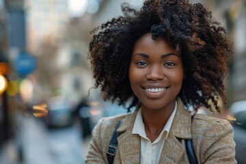 Fototapeta premium Happy working black woman cycling to work in the city. ai generative