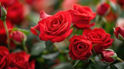 Red roses in close up view against a blurred background