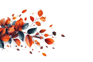 Beautiful autumn leaves in vibrant shades of orange and red scattered on a white background, capturing the essence of the fall season.