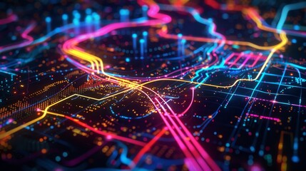 Futuristic digital map with illuminated pathways and data nodes for real time information exchange