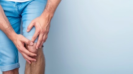 Man experiencing knee pain while standing, healthcare and pain relief concept