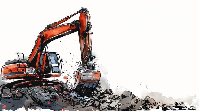 Orange excavator at work breaking rocks in a dynamic action scene.
