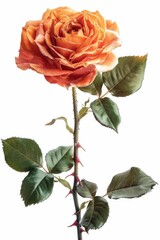 Obraz premium Vibrant Orange Rose with Green Leaves on White Background - High-Resolution Floral Photography