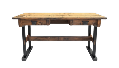 Rustic wooden desk with a vintage design featuring sturdy legs and spacious storage drawers for home or office use.