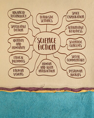 science fiction, speculative fiction that explores imaginative and futuristic concepts based on science and technology - sketch mind map infographics on art paper © MarekPhotoDesign.com