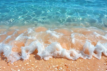 Obraz premium Serene beach scene with clear turquoise water gently lapping onto the golden sandy shore, perfect for a relaxing getaway.