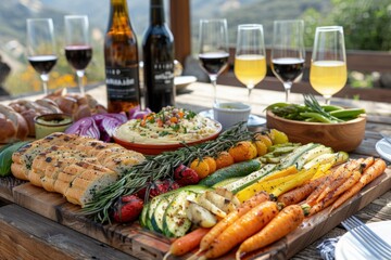 Obraz premium A colorful outdoor dining setup with a variety of fresh vegetables, bread, and drinks on a wooden table.