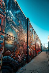 A street wall showcasing a graffiti masterpiece, with complex designs and striking colors, under a...