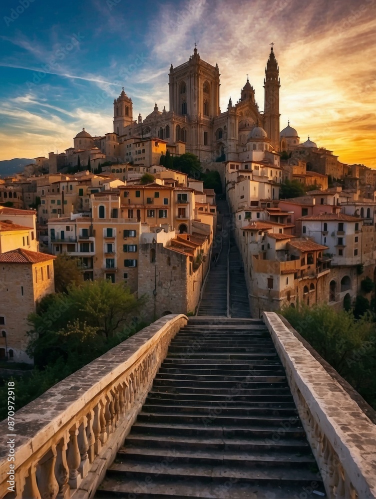 Canvas Prints A long stone staircase leads up to a majestic cathedral in a beautiful old city. AI.