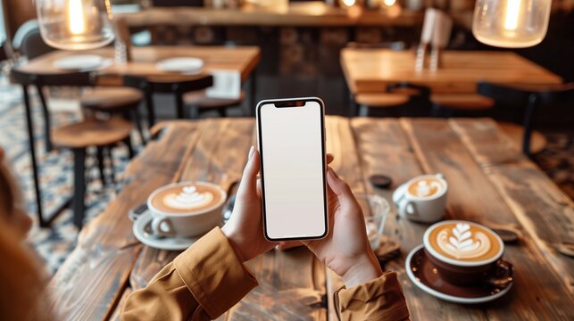 A stylish coffee shop scene where a woman's hands hold a smartphone displaying a blank screen mockup. The background features rustic wooden tables, latte art, and vintage lamps. - Powered by Adobe