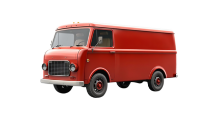 A classic red delivery van isolated on a white background, showcasing vintage style and retro vehicle design.