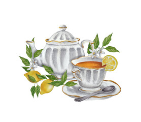 Watercolor white ceramic kettle and a cup of ginger tea with lemon branches. Alternative medicine, natural homemade remedy for cold and flu.