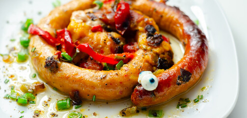 A plate of food with a sausage that has eyes on it