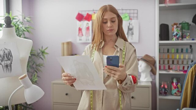 Redheaded woman designer using smartphone in tailor shop with mannequin and sketches.
