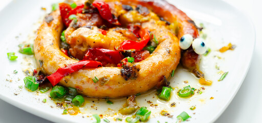 A plate of food with a sausage that has eyes on it