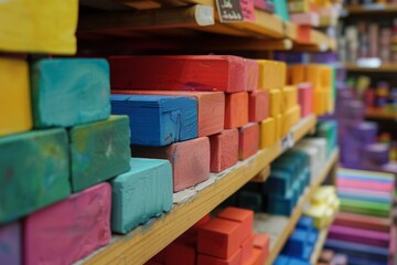 Obraz premium Colorful wooden blocks stacked on shelves, creating a vibrant display of various shapes and sizes in a playful, artistic arrangement.