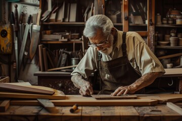An elderly craftsman works intently in his woodshop, measuring and marking wood on a workbench surrounded by tools and supplies.